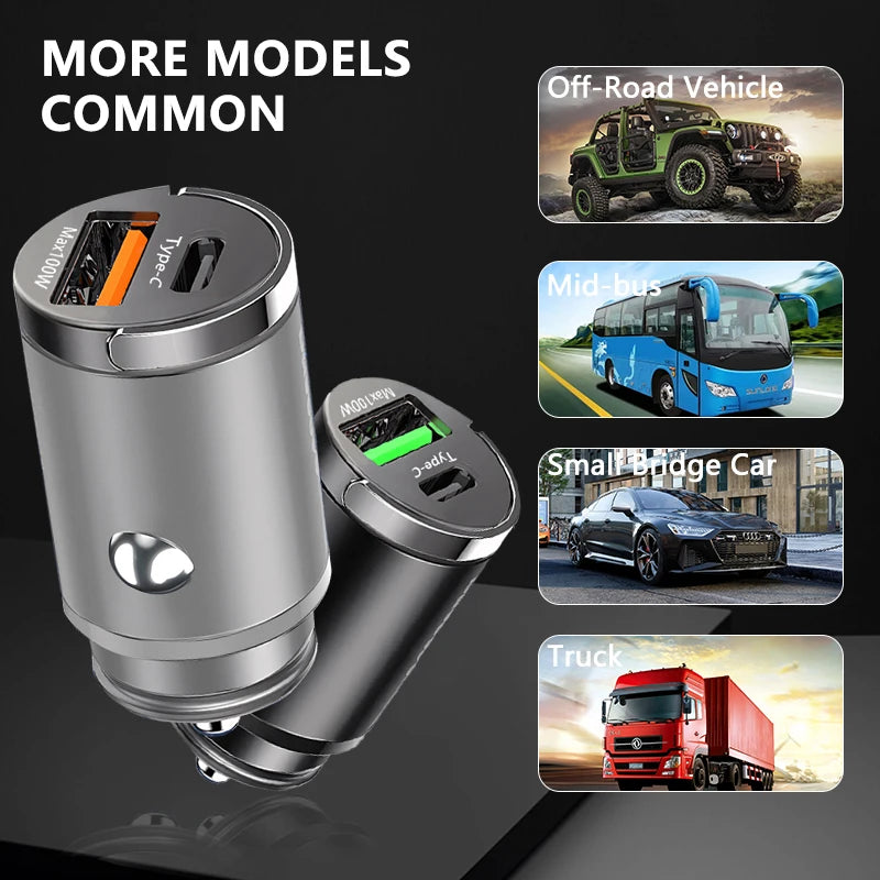 100W Mini Car Charger Lightweight usb & usb c
