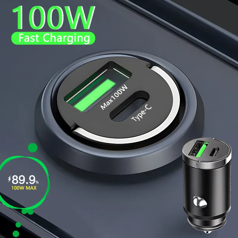 100W Mini Car Charger Lightweight usb & usb c