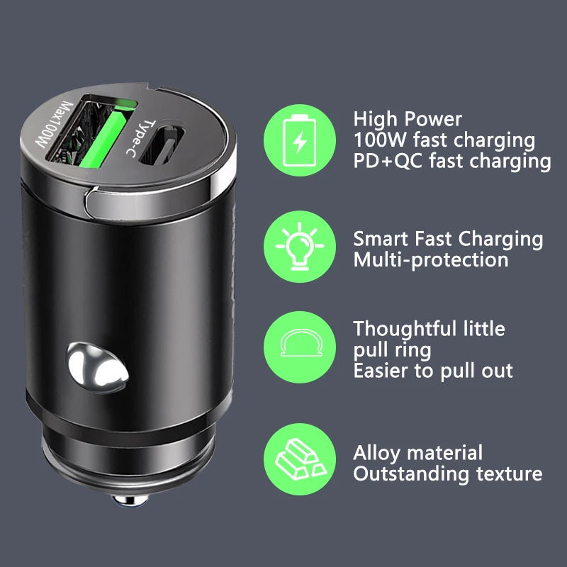 100W Mini Car Charger Lightweight usb & usb c
